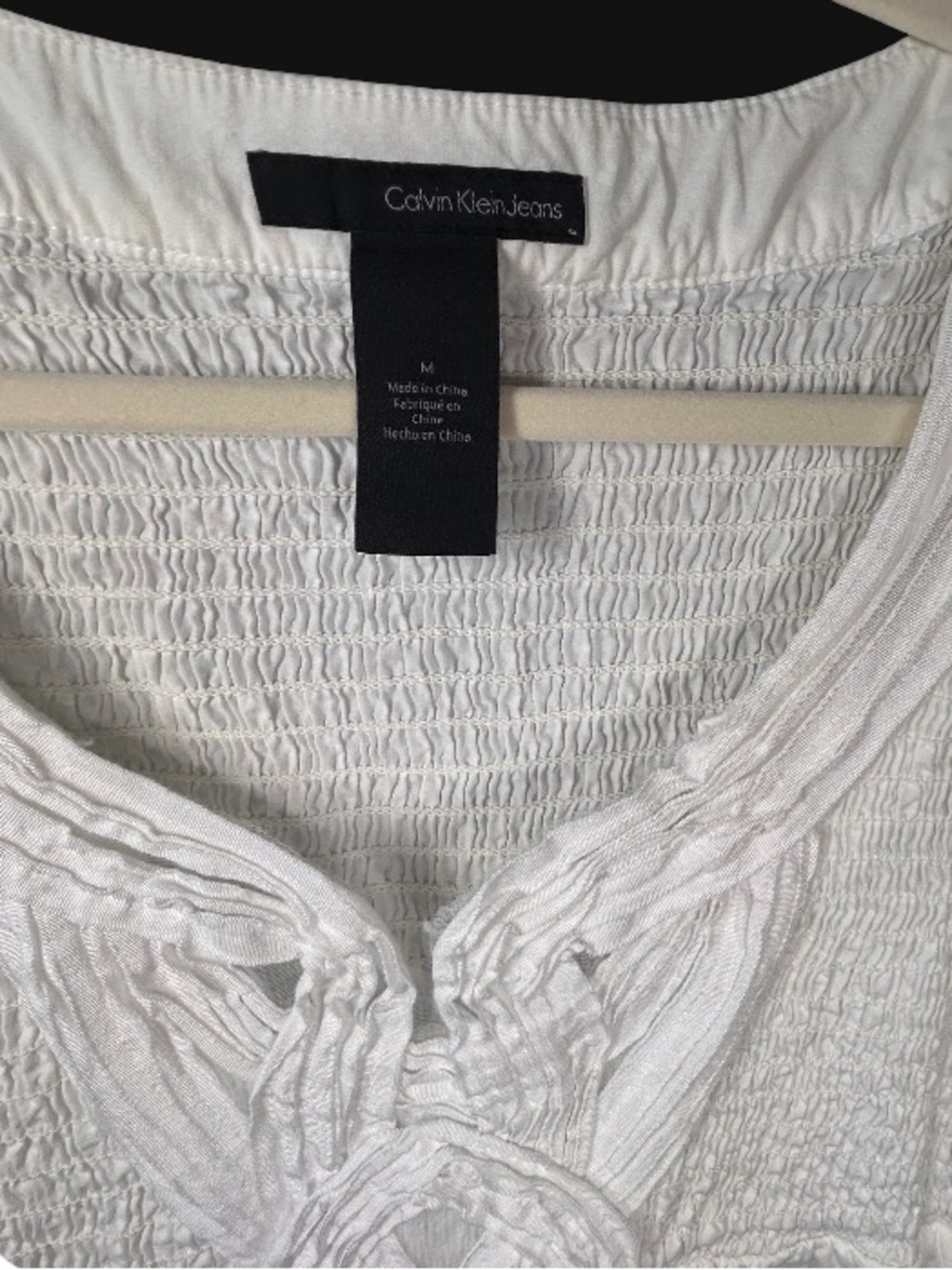 Calvin Klein White Cotton Smocked Sundress, empire waist, ribbon detailing, M - Picture 4 of 6